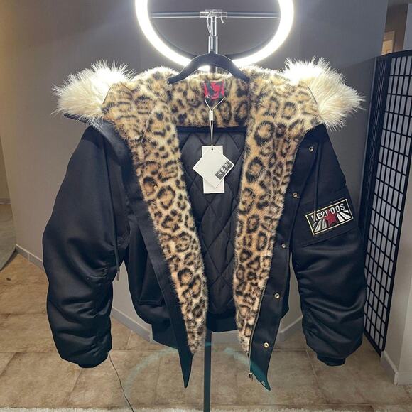 Other Other - Leopard Cheetah Fur Lined Hooded Puffer Parka Bomber Jacket